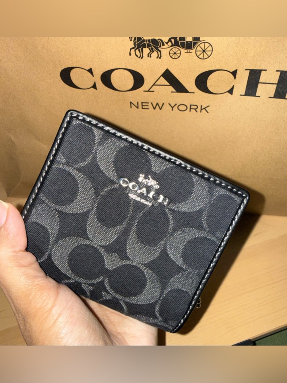 Coach Snap Wallet In Black Signature Denim